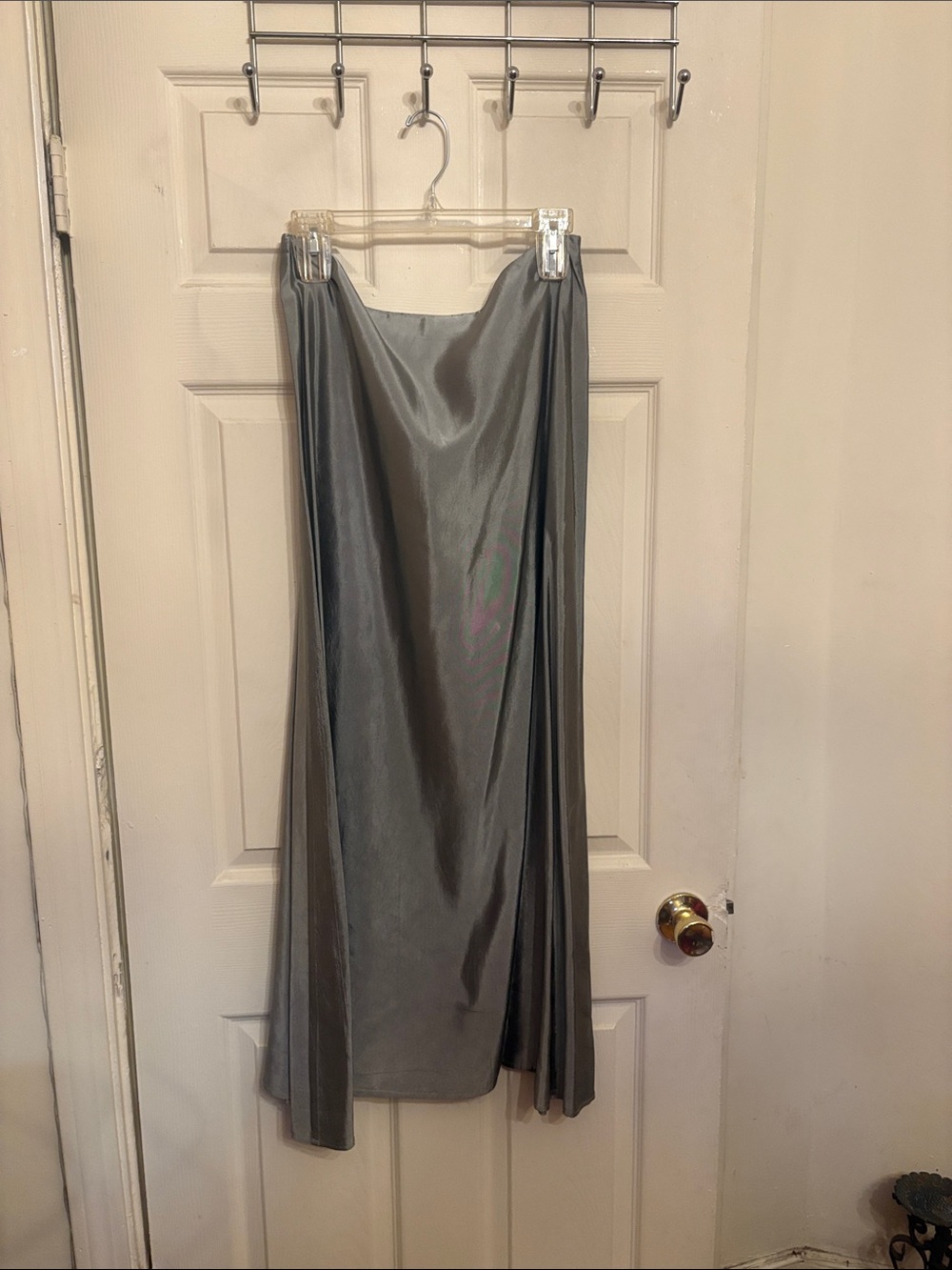 Satin A-Line Midi Skirt in Silver Gray